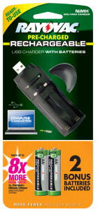 Rayovac USB Charger w/ 2 Low Self Discharge AA NiMh Batteries