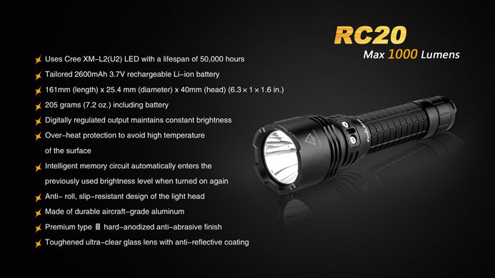 Fenix RC20 1000 Lumens CREE XM-L2 U2 LED USB Rechargeable Flashlight