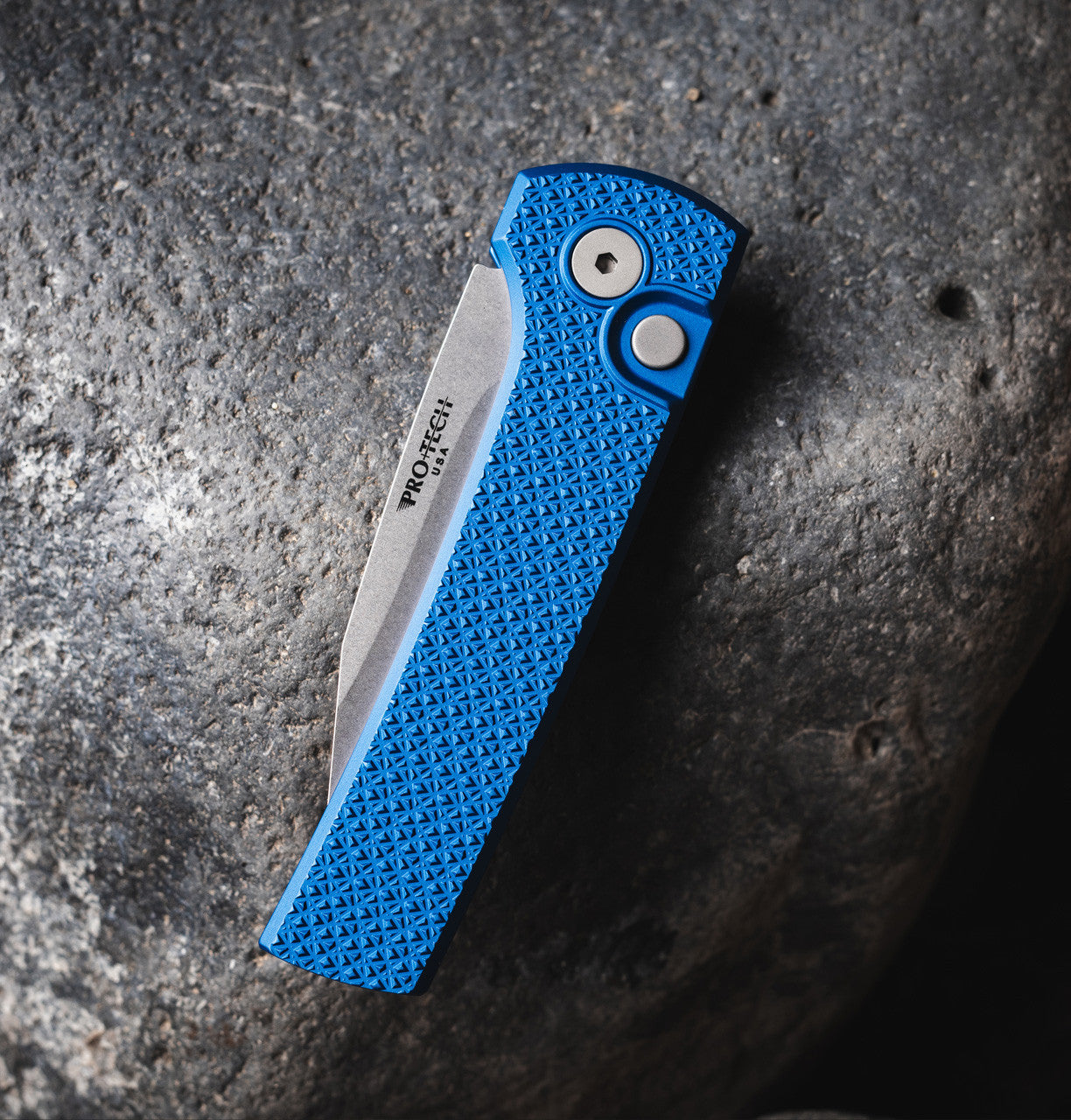 Pro-Tech Scapegoat Compact RCS1105-Blue blade detail – stonewash CPM MagnaMax clip point