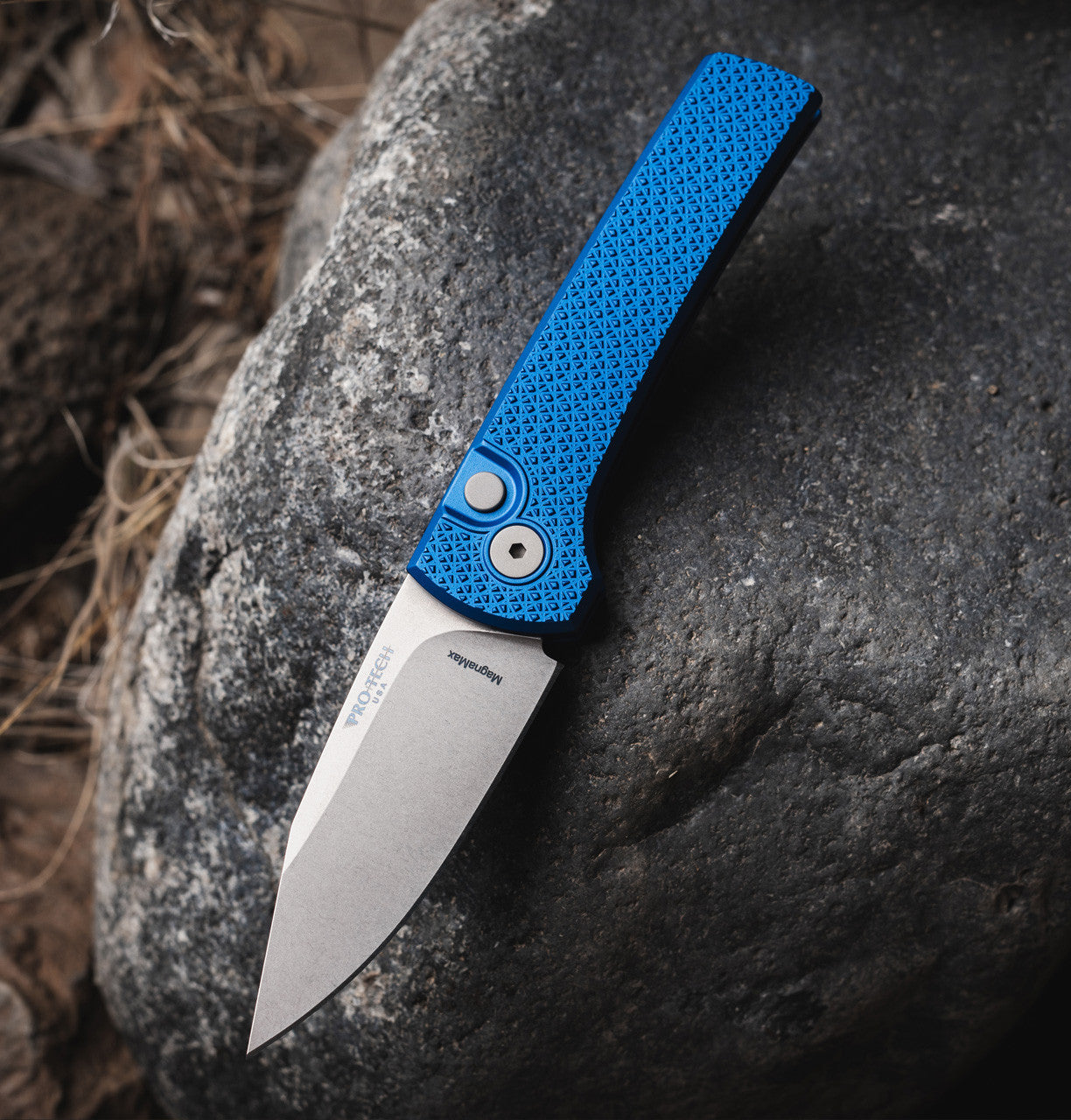 Pro-Tech Scapegoat Compact RCS1105-Blue front view – 3.15" stonewash MagnaMax clip point automatic knife
