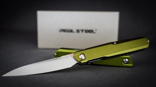 Real Steel G5 Metamorph REA-G5 front view – 3.50 inch satin 14C28N drop point folding knife with green 7075 aluminum handle