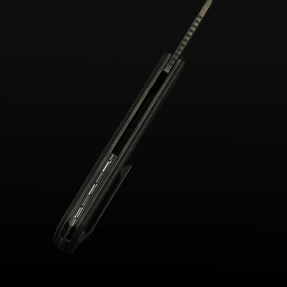 Reate Remedy FatCarbon Glass Black DLC black FatCarbon Glass handle and titanium pocket clip spine view