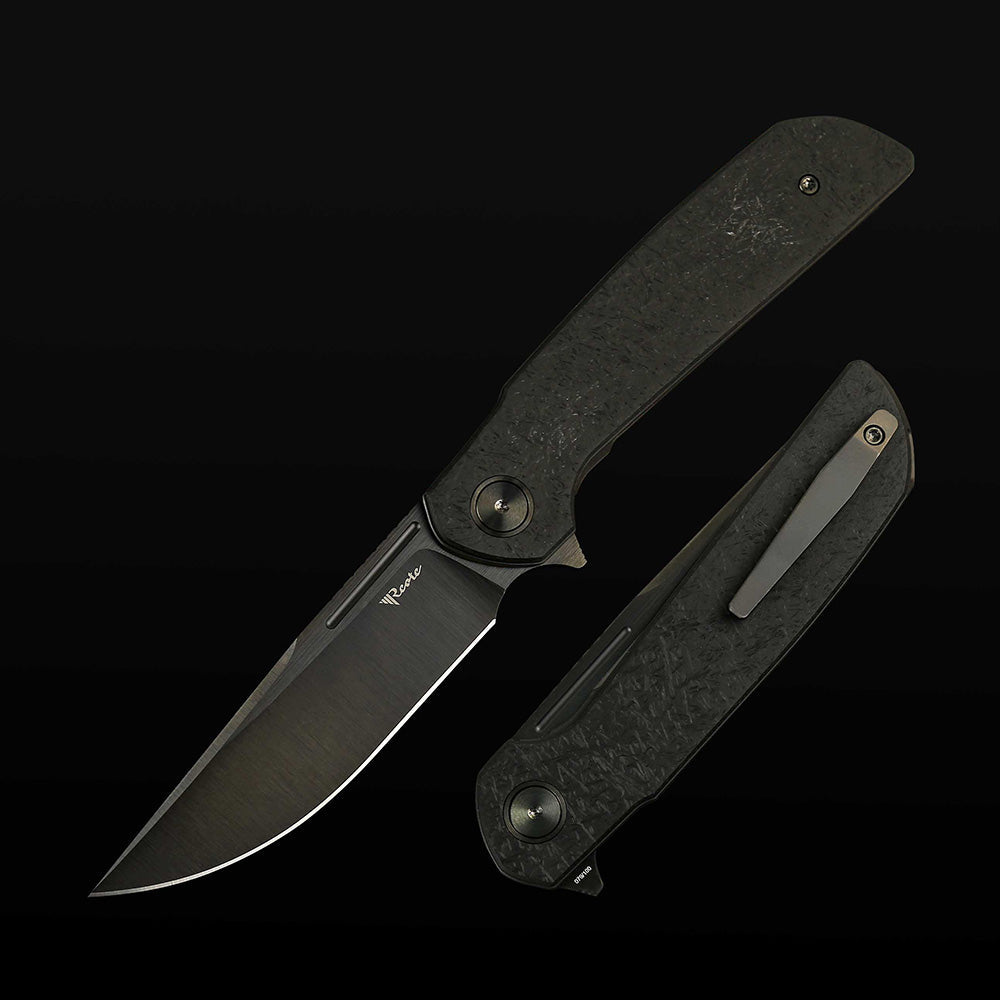 Reate Remedy FatCarbon Glass Black DLC front view – 3.8" belt satin DLC Elmax drop point folding knife