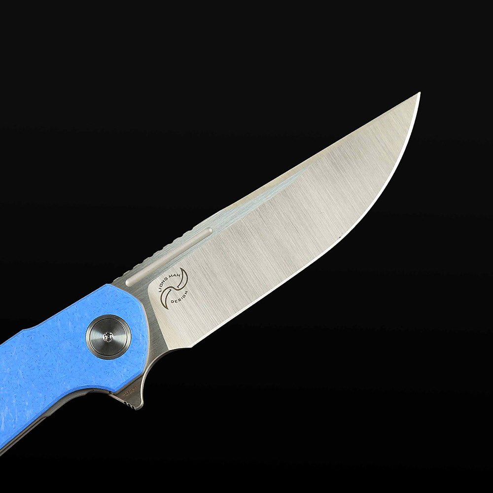 Reate Remedy FatCarbon Glass Blue blade detail – belt satin Elmax drop point