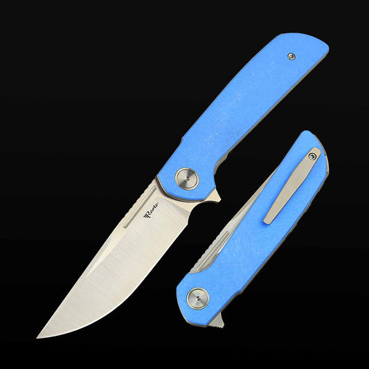 Reate Remedy FatCarbon Glass Blue front view – 3.8" belt satin Elmax drop point folding knife