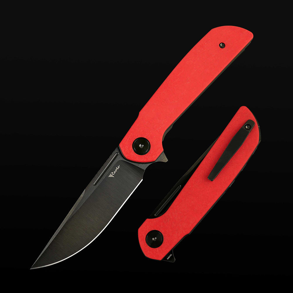 Reate Remedy FatCarbon Glass Red DLC front view – 3.8" belt satin DLC Elmax drop point folding knife