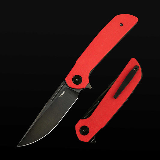 Reate Remedy FatCarbon Glass Red DLC front view – 3.8" belt satin DLC Elmax drop point folding knife