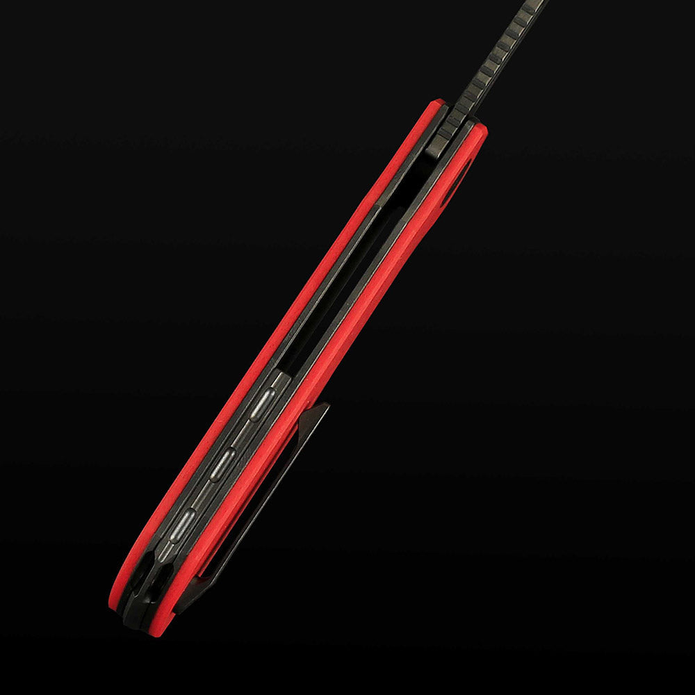 Reate Remedy FatCarbon Glass Red DLC red FatCarbon Glass handle and titanium pocket clip spine view
