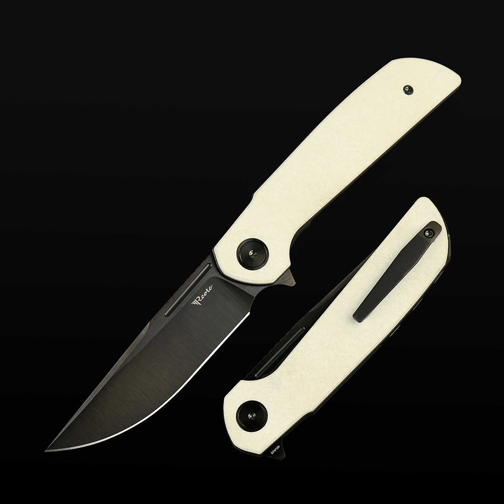 Reate Remedy FatCarbon Glass White DLC front view – 3.8" belt satin DLC Elmax drop point folding knife