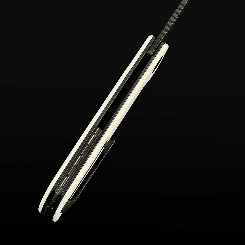 Reate Remedy FatCarbon Glass White DLC white FatCarbon Glass handle and titanium pocket clip spine view