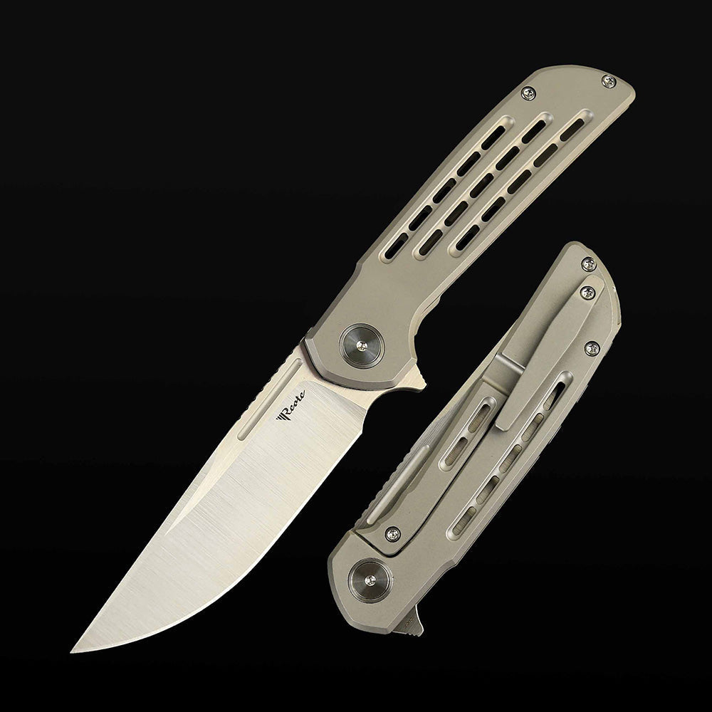 Reate Remedy Ti Bead Blast front view – 3.8" belt satin Elmax drop point folding knife