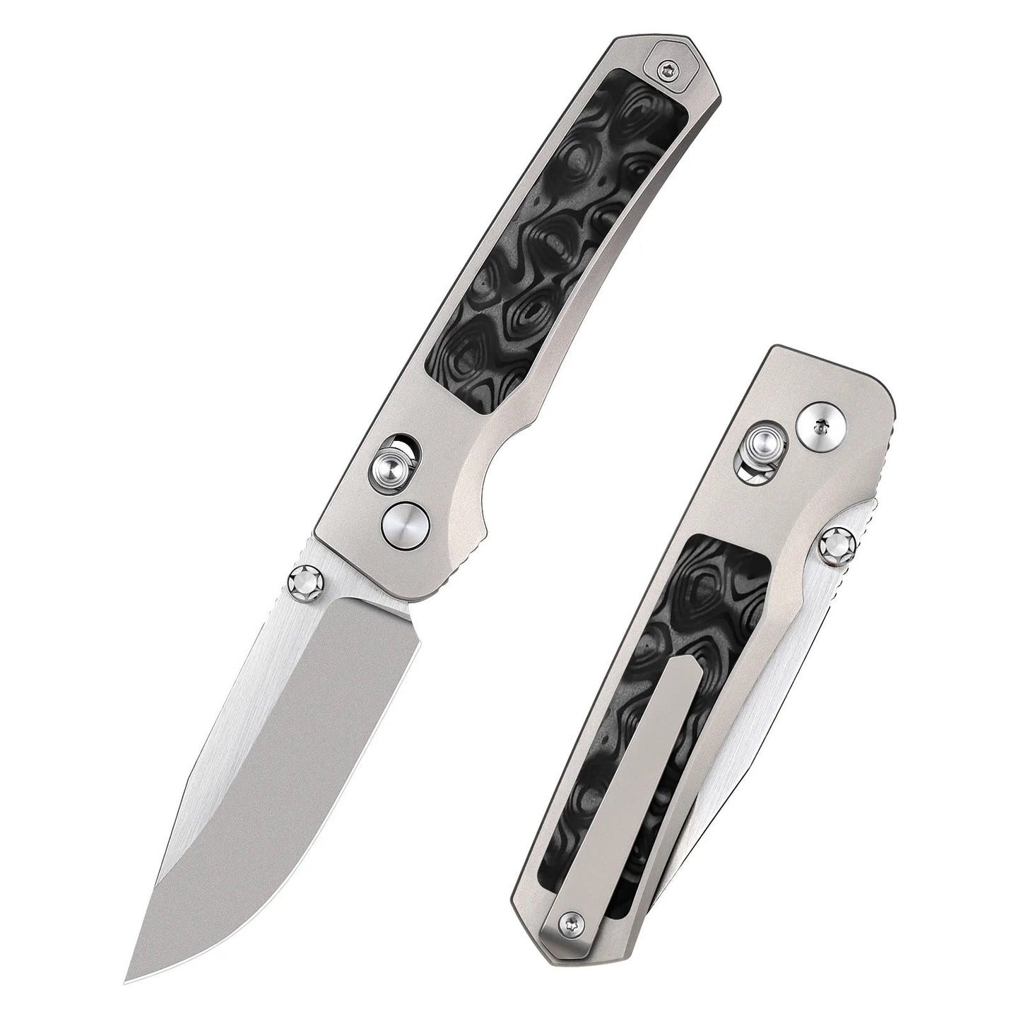 Remette Aurora AURA-D 2.75" M390 Hollow Grind Folding Knife Titanium Raindrop Carbon Fiber Handle Crossbar Lock