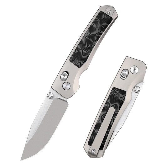 Remette Aurora AURA-D 2.75" M390 Hollow Grind Folding Knife Titanium Raindrop Carbon Fiber Handle Crossbar Lock