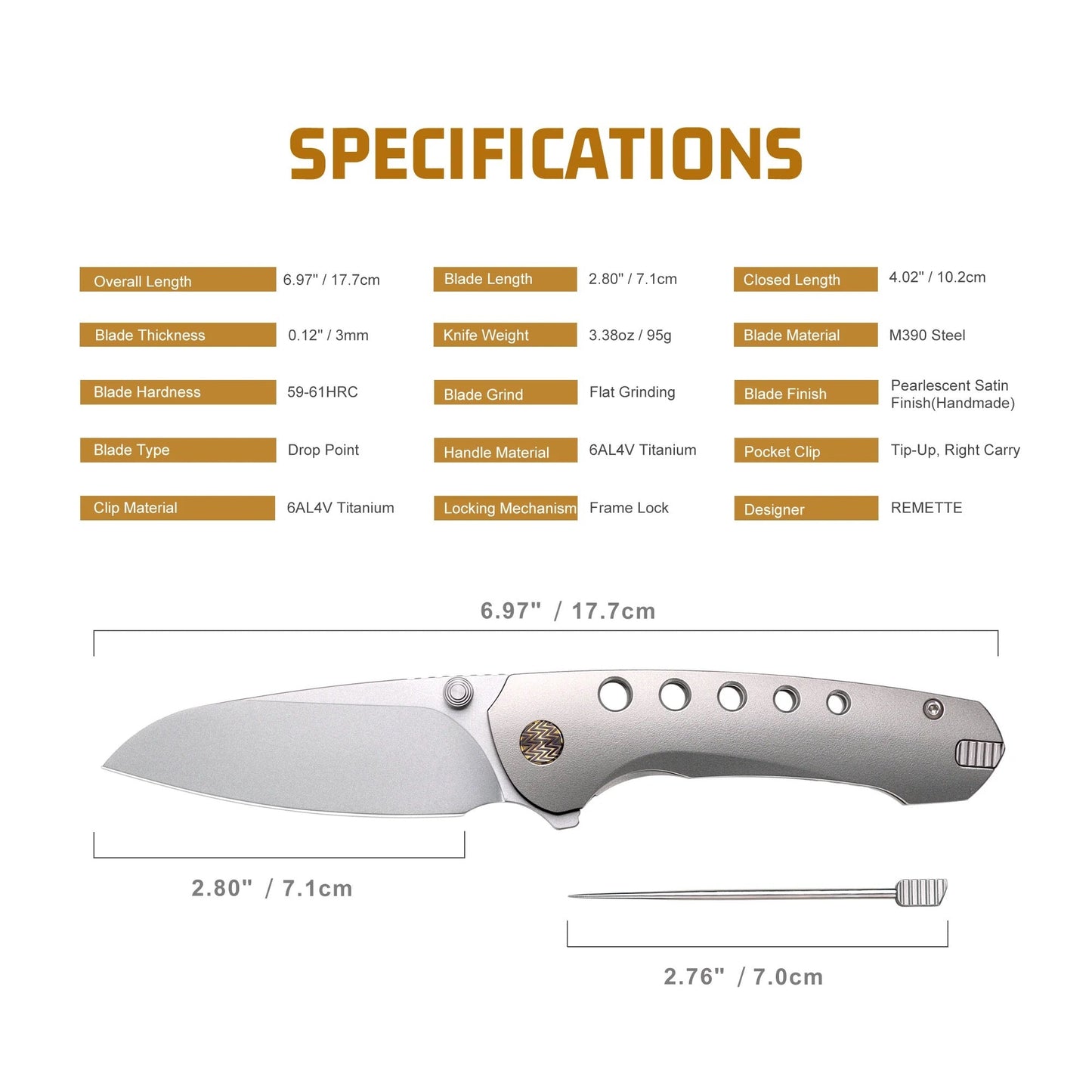 Remette BEE RT-BEE-T 2.8" M390 Spear Point Folding Knife Orange Peel Titanium Handle Frame Lock