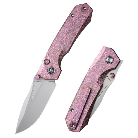 REMETTE Rhino RNTB1 – 3.07" M390 Drop Point Button + Liner Lock Knife Crystallized Titanium