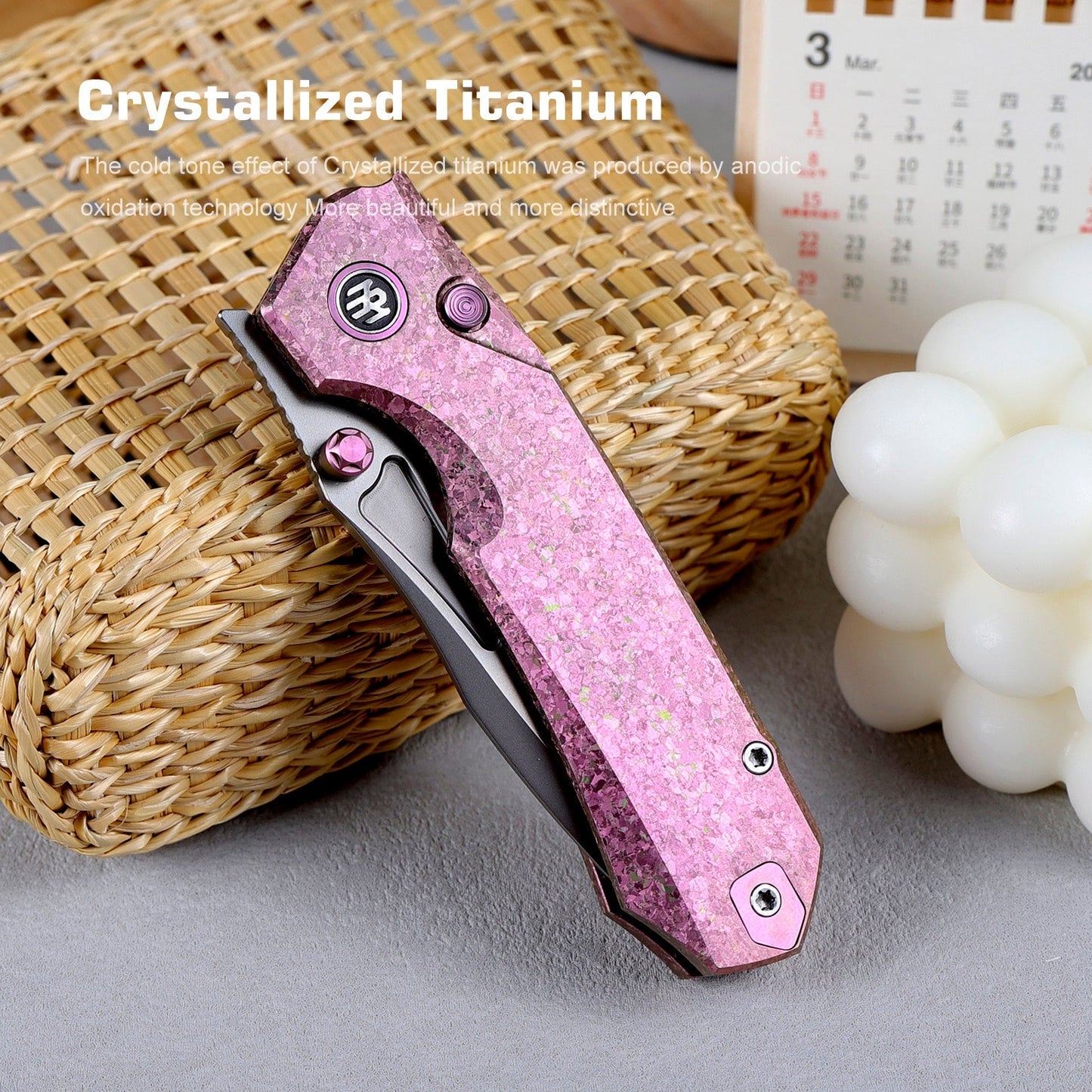 REMETTE Rhino RNTB1 – 3.07" M390 Drop Point Button + Liner Lock Knife Crystallized Titanium