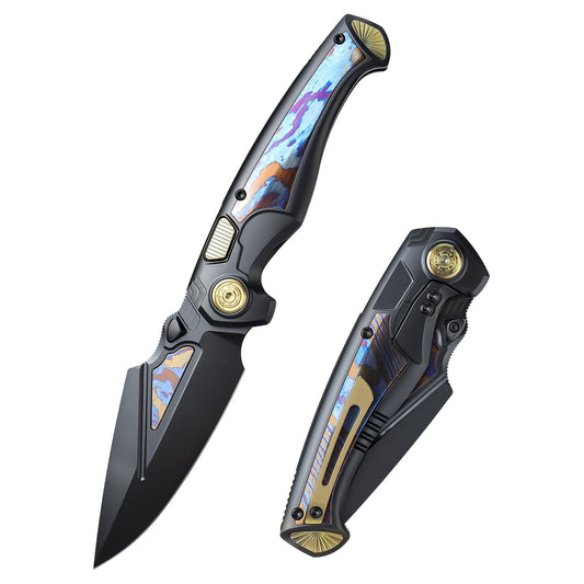 REMETTE RT-Scepter SCPT-B – 3.46" M390 Clip Point Button Frame Lock Knife with Timascus Handle