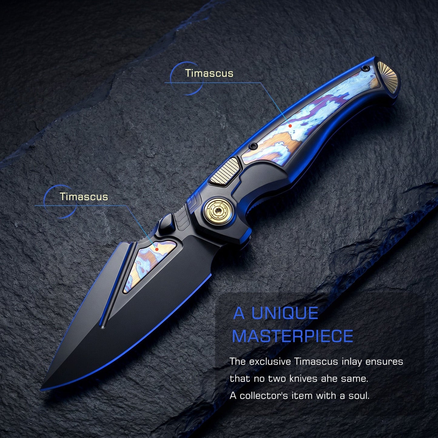 REMETTE RT-Scepter SCPT-B – 3.46" M390 Clip Point Button Frame Lock Knife with Timascus Handle