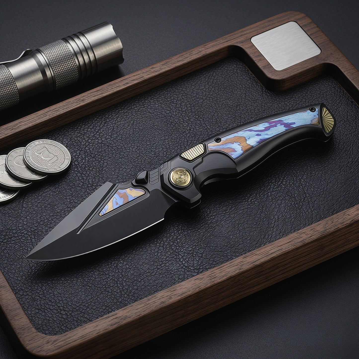 REMETTE RT-Scepter SCPT-B – 3.46" M390 Clip Point Button Frame Lock Knife with Timascus Handle