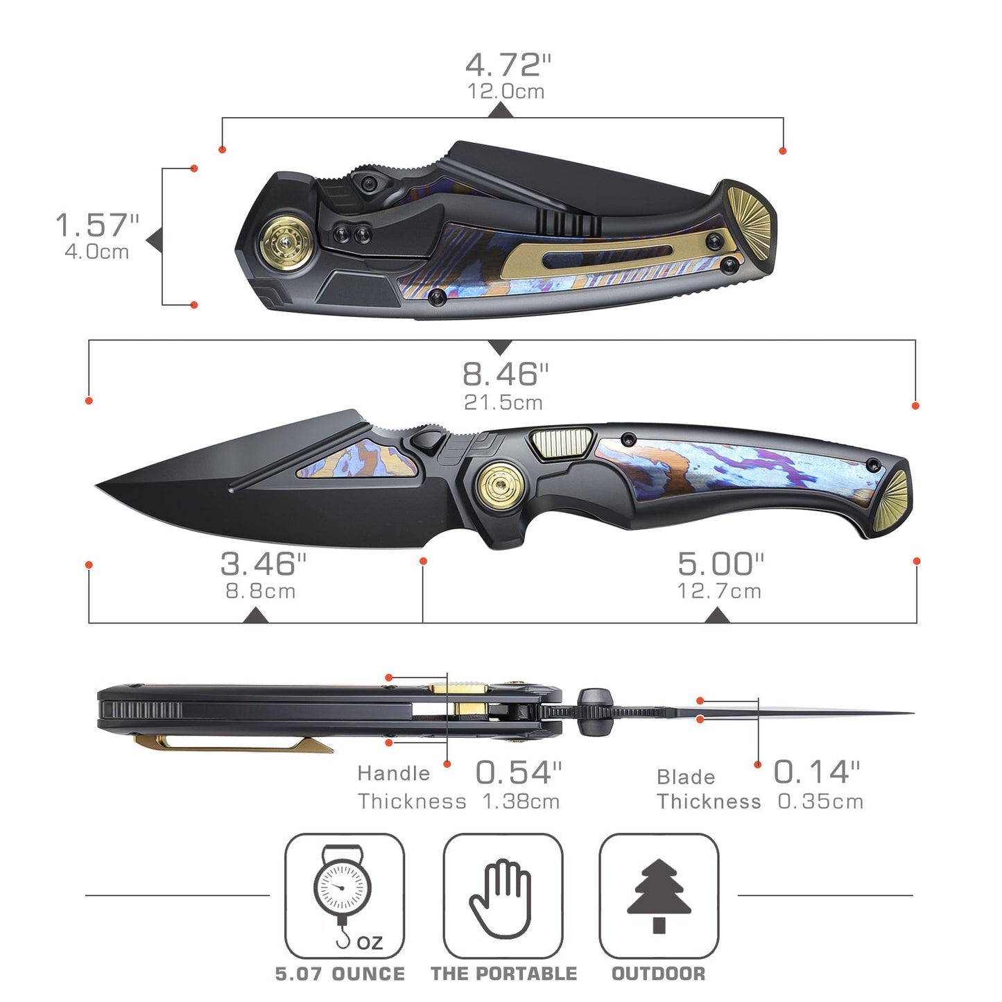 REMETTE RT-Scepter SCPT-B – 3.46" M390 Clip Point Button Frame Lock Knife with Timascus Handle