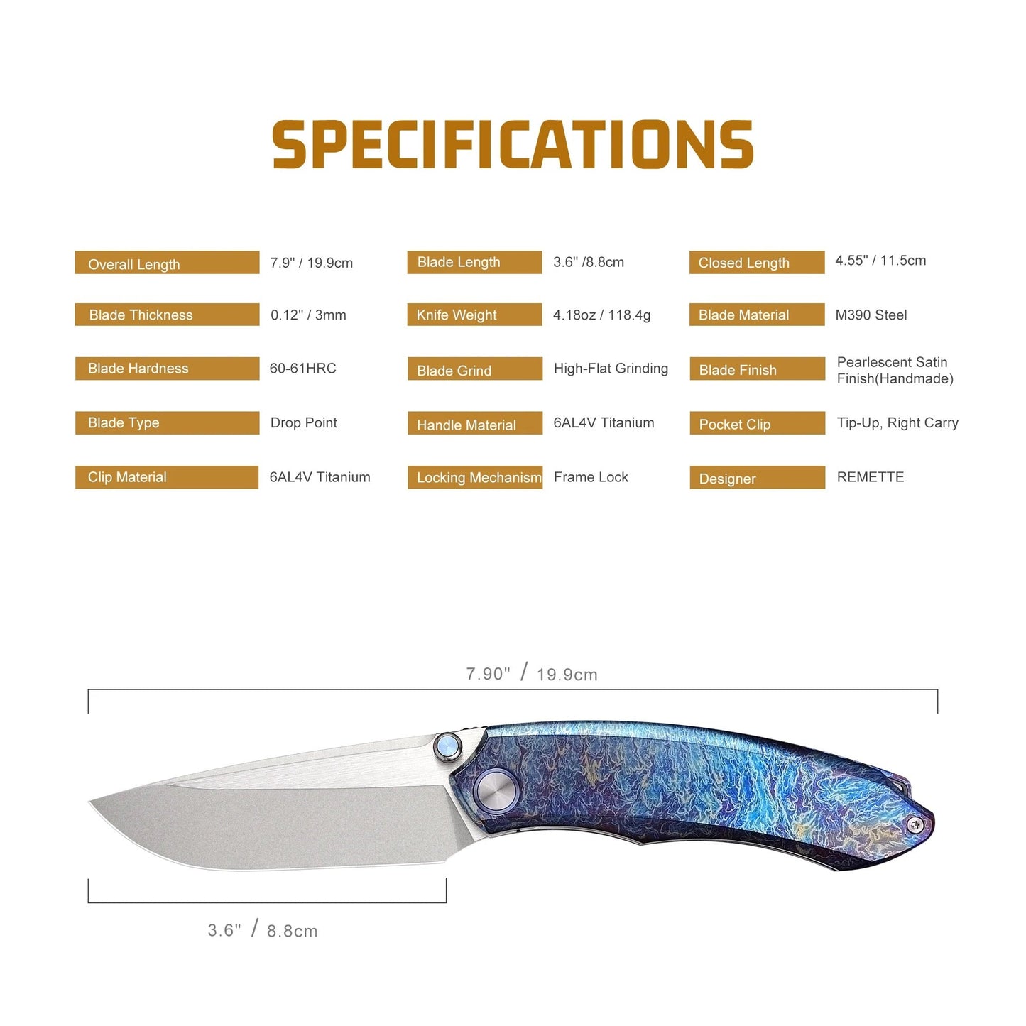 Remette Wild Species WD108-B Folding Knife 3.6″ M390 Blade Textured Blue Titanium Handle