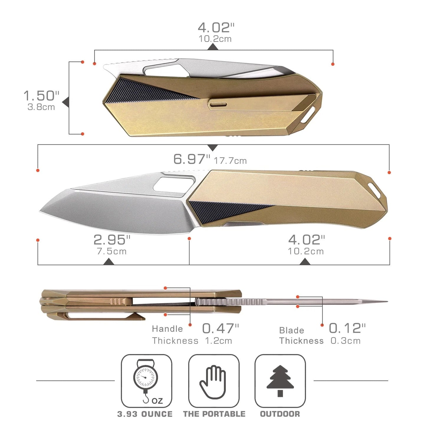 Remette Woodpecker RTWP-G 2.95" M390 Reverse Tanto Folding Knife Gold Titanium Handle Liner Lock