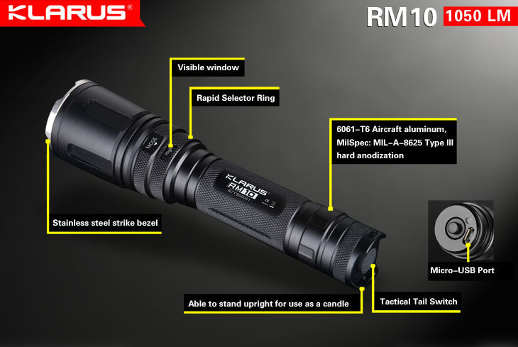 Klarus RM10 1x 18650 / 2x CR123 1050 Lumens CREE XM-L2 LED Flashlight
