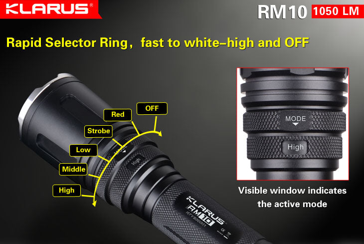 Klarus RM10 1x 18650 / 2x CR123 1050 Lumens CREE XM-L2 LED Flashlight