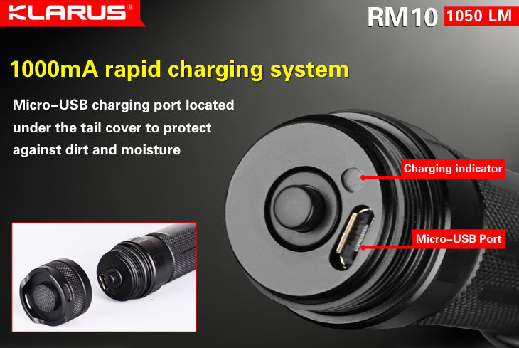 Klarus RM10 1x 18650 / 2x CR123 1050 Lumens CREE XM-L2 LED Flashlight