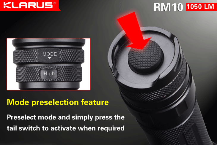 Klarus RM10 1x 18650 / 2x CR123 1050 Lumens CREE XM-L2 LED Flashlight