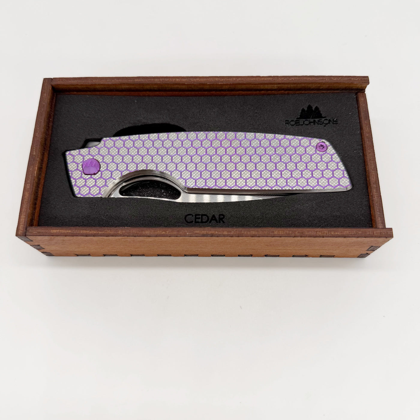 RobJohnsons Cedar Frame Lock Knife – RWL34 Satin Hardmilled Titanium Purple Hardware