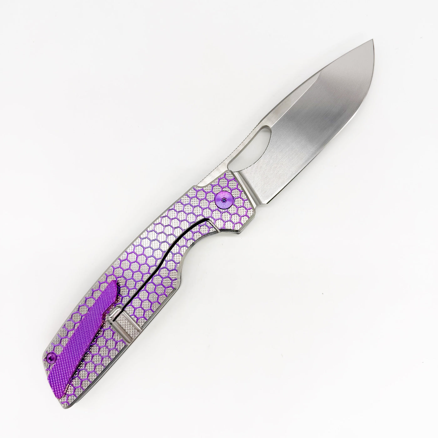 RobJohnsons Cedar Frame Lock Knife – RWL34 Satin Hardmilled Titanium Purple Hardware