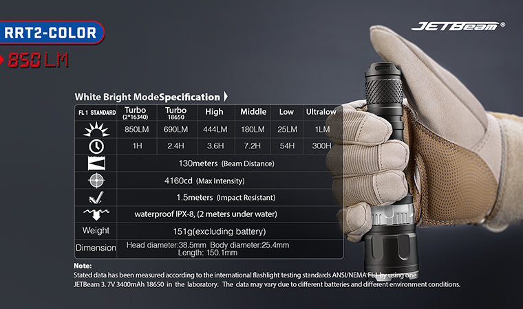 JETBeam RRT2-COLOR 1x 18650 / 2x CR123 850 Lumens CREE XP-L LED