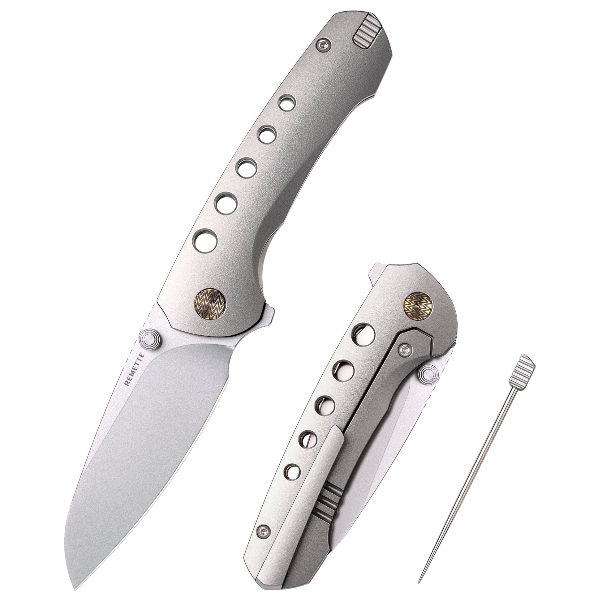 Remette RT-Bee RT-BEE-BL front view – 2.8" satin M390 spear point titanium folding knife