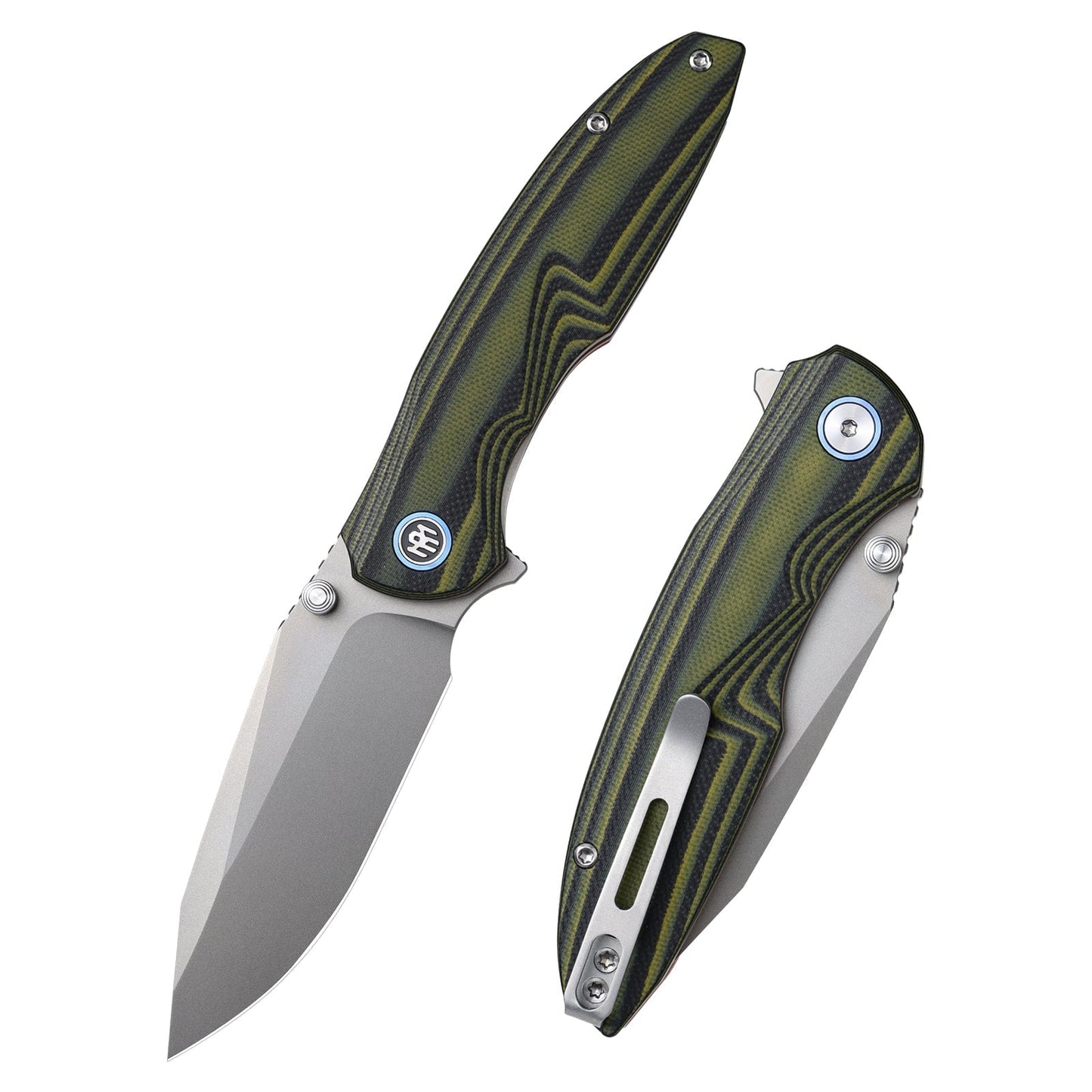 Remette Cool Whale RTCL-G1 front view – 3.15″ sandblasted 14C28N drop point folding knife, green textured G10