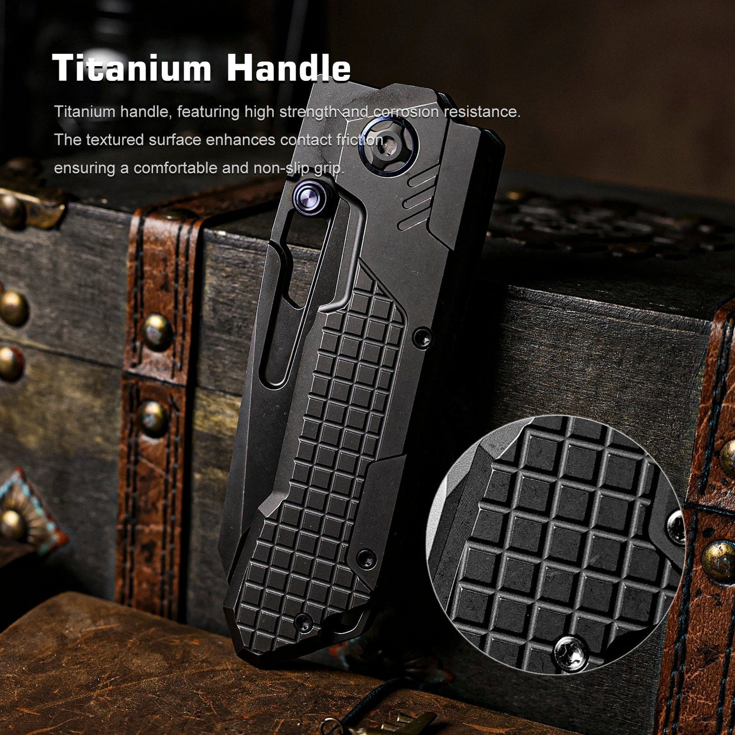 Remette RT-Cool Leopard RTKS-B blade detail – titanium-plated stonewash M390 reverse tanto