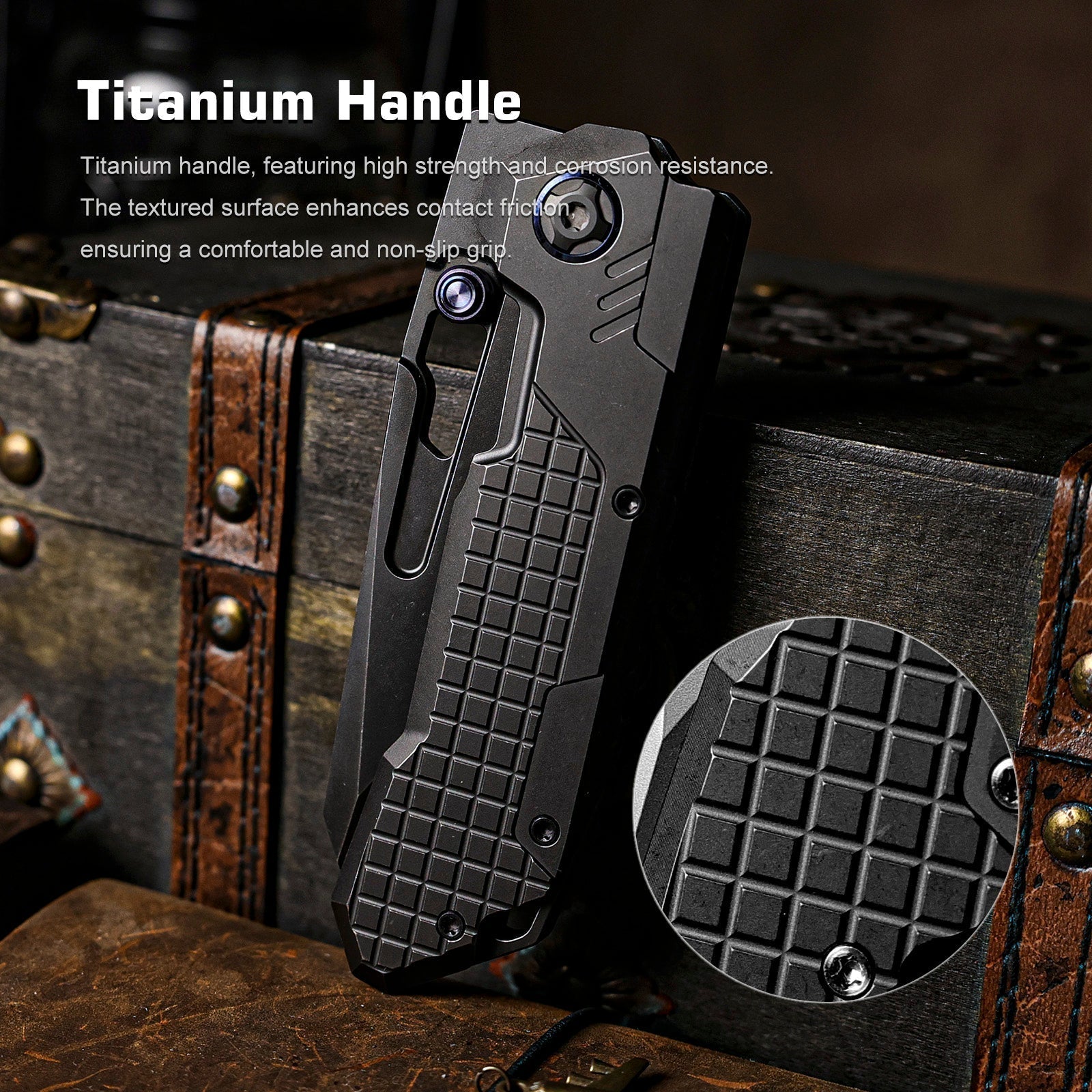 Remette RT-Cool Leopard RTKS-B blade detail – titanium-plated stonewash M390 reverse tanto