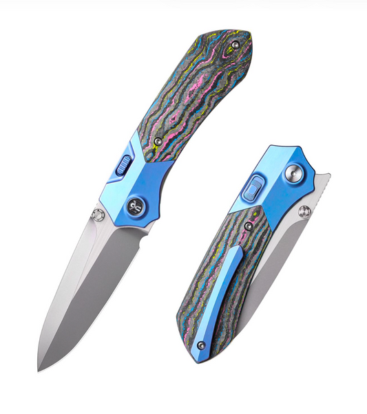 Remette RT-Meteor RTPT-UC front view – 2.99" satin M390 drop point titanium folding knife with Ultimate Warrior CamoCarbon handle