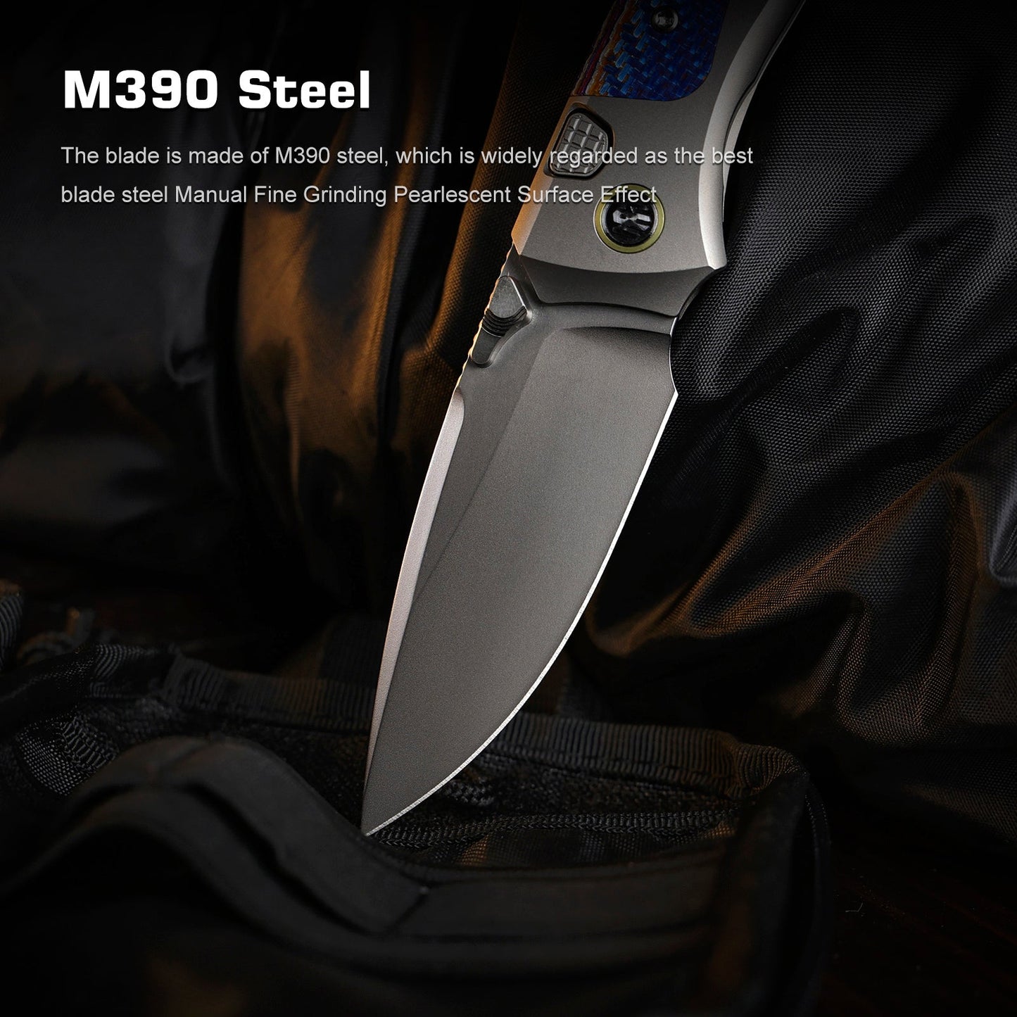 Remette RT-Steed RTWS-TC blade detail – pearlescent M390 drop point