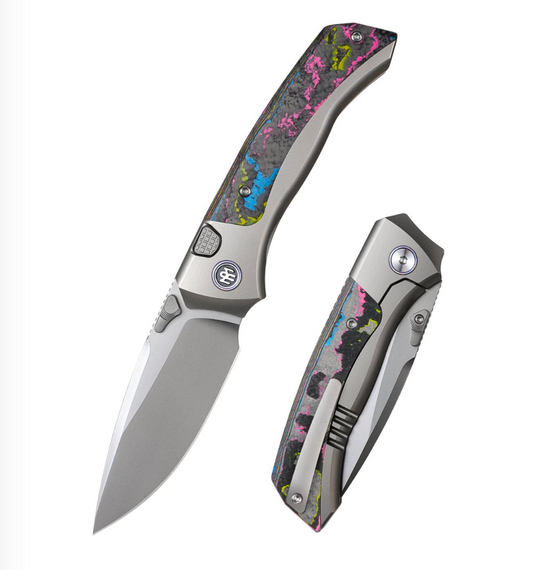 Remette RT-Steed RTWS-TCBA front view – 3.07" pearlescent M390 drop point titanium folding knife with camo carbon fiber inlay