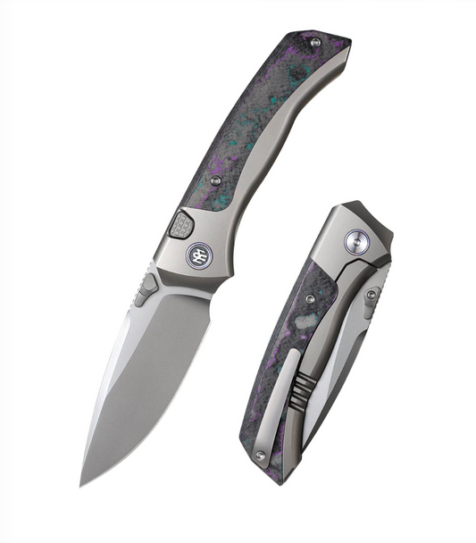 Remette RT-Steed RTWS-TCBB front view – 3.07" pearlescent M390 drop point titanium folding knife with camo carbon fiber inlay