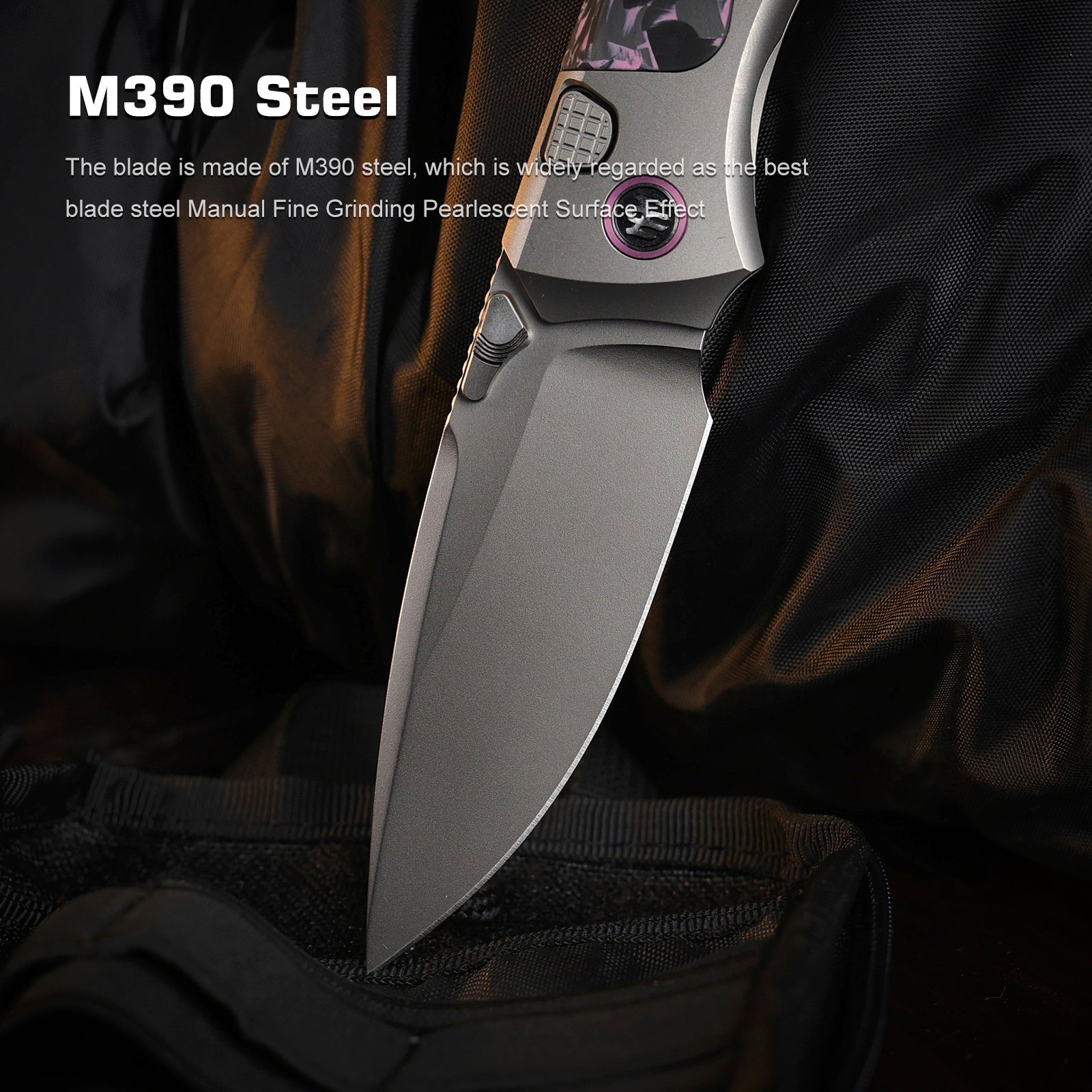 Remette RT-Steed RTWS-TP blade detail – pearlescent M390 drop point