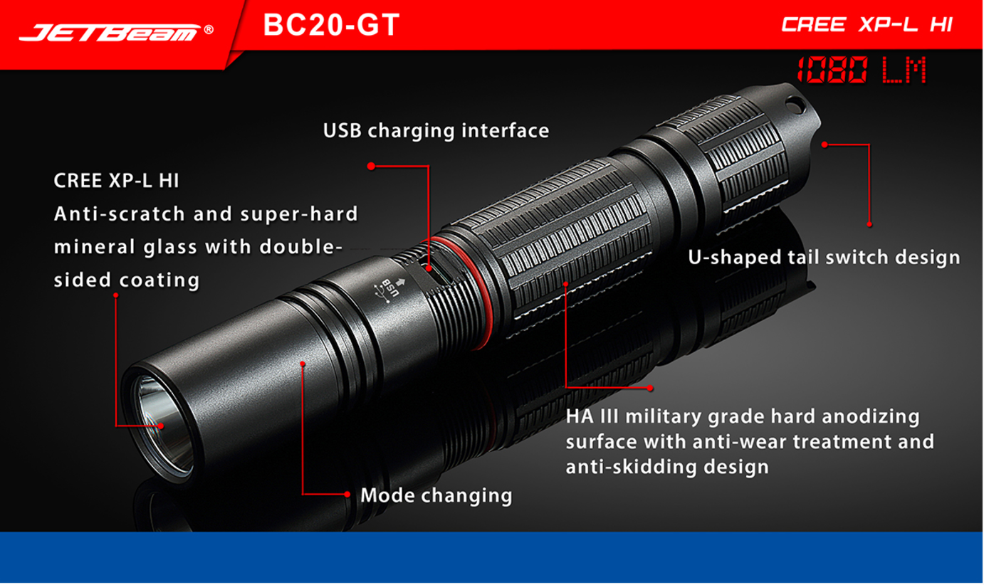 Jetbeam BC20GT 1080 Lumen Flashlight 1 x 18650 CREE XP-L HI V3 LED