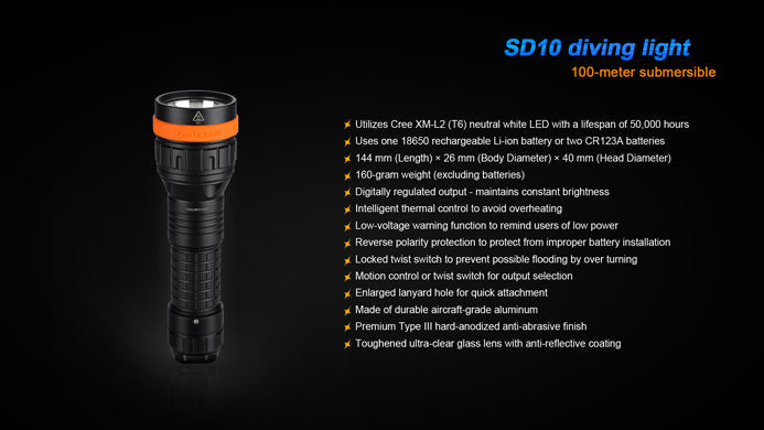 Fenix SD10 1 x 18650 / 2 x CR123A CREE XM-L2 T6 Neutral White 930 Lumen LED Diving Flashlight
