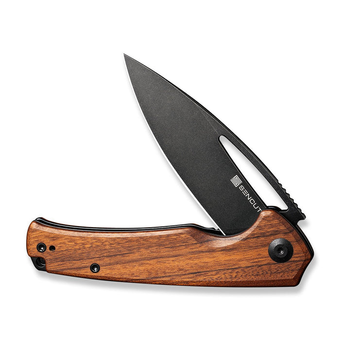 SENCUT Mims Flipper Knife Guibourtia Wood Handle (3.48" Black Stonewashed 9Cr18MoV Blade) S21013-4