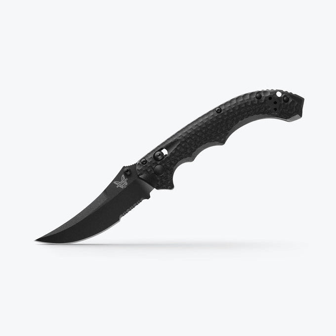Benchmade Mini Bedlam 865SBK front view – 3.45″ black CPM-S90V serrated scimitar folding knife
