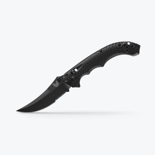 Benchmade Mini Bedlam 865SBK front view – 3.45″ black CPM-S90V serrated scimitar folding knife