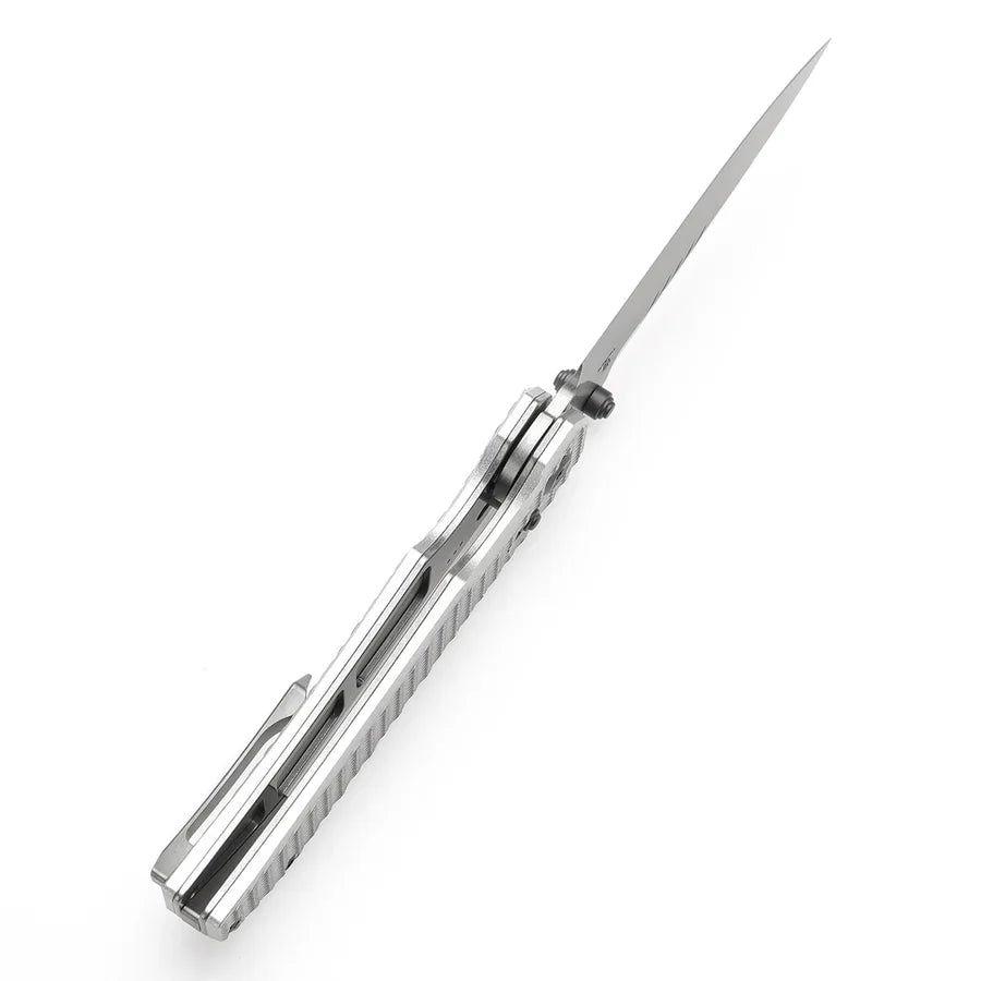Tenable Eaglestrike T1095V4 – 3.73" Stonewashed Nitro-V Drop Point Blade, Silver Anodized Aluminum Handle with Diamond Pattern