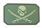 Pirate Skull & Swords Morale Patch SJ-OG front view – 1.97″ x 1.18″ olive green skull and crossed cutlasses 3D PVC patch