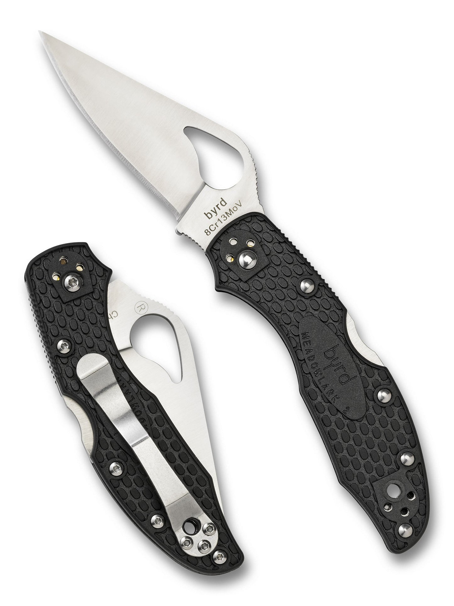 Spyderco Byrd Meadowlark 2 BY04PBK2 front view – 2.88″ black 8Cr13MoV leaf-shaped folding knife with black FRN handle